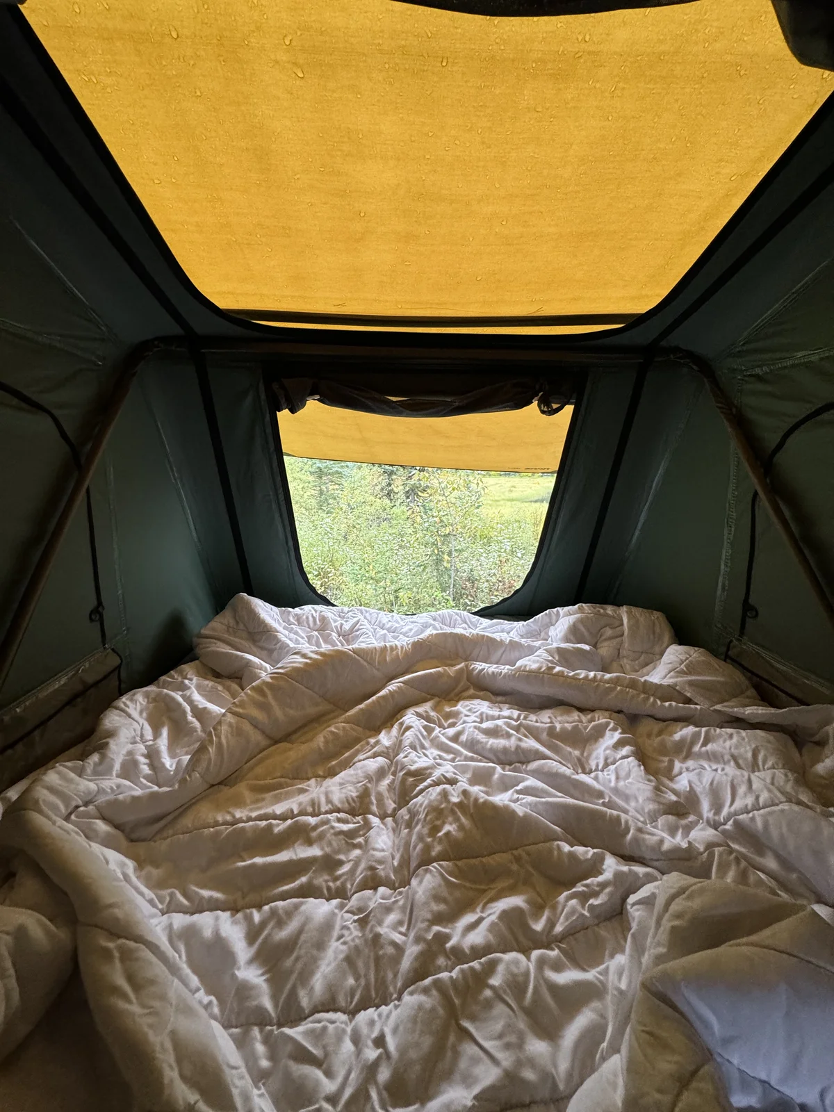 Rooftop tent interior with a duvet and pillow, fall foliage visible through the window